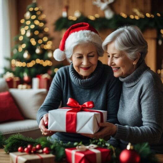 Illustration af julegaver til mormor med varme farver og hyggelig stemning.